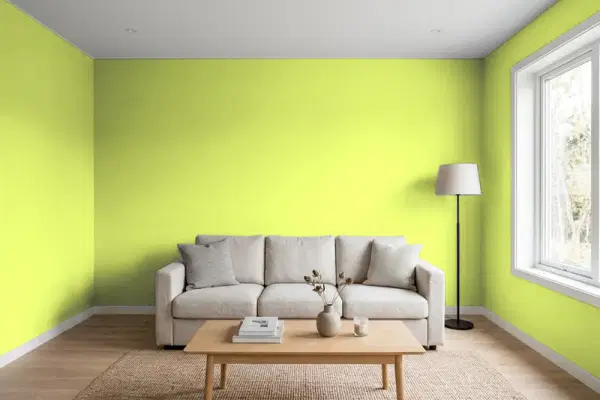Living room with walls painted Benjamin Moore Apple Green 2026-40 (simulated)