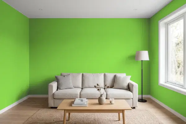 Living room with walls painted Benjamin Moore Apple Lime Cocktail 420 (simulated)
