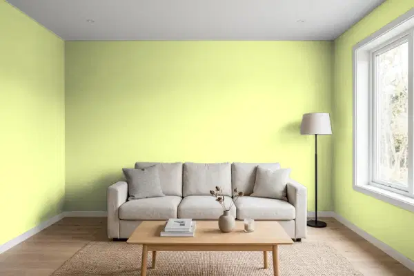 Living room with walls painted Benjamin Moore Apples and Pears 395 (simulated)