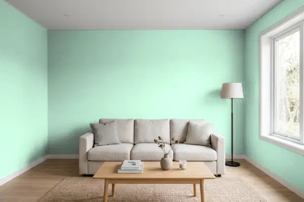 Living room with walls painted Behr Aqua Bay 480C-3 (simulated)