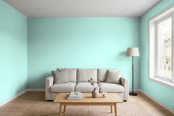 Living room with walls painted Valspar Aqua Glow 5007-9B (simulated)