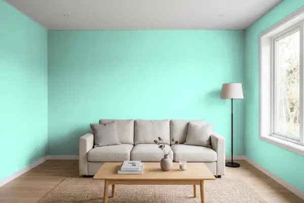 Living room with walls painted Behr Aqua Wish P430-2 (simulated)
