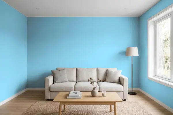 Living room with walls painted Benjamin Moore Aquarium Blue 2058-50 (simulated)