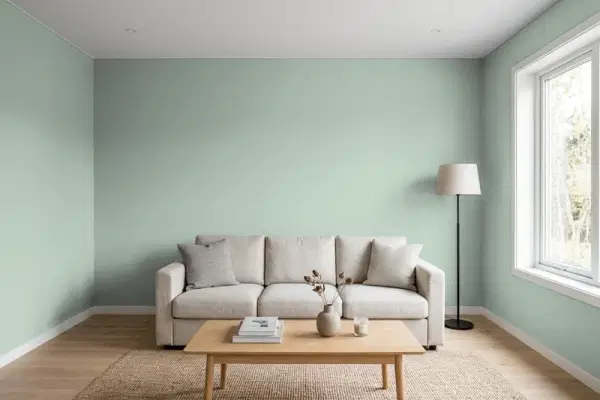 Living room with walls painted Behr Aquatone PMD-100 (simulated)