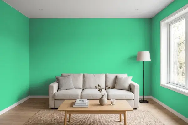 Living room with walls painted PPG Paints Aragon Green 1227-5 (simulated)