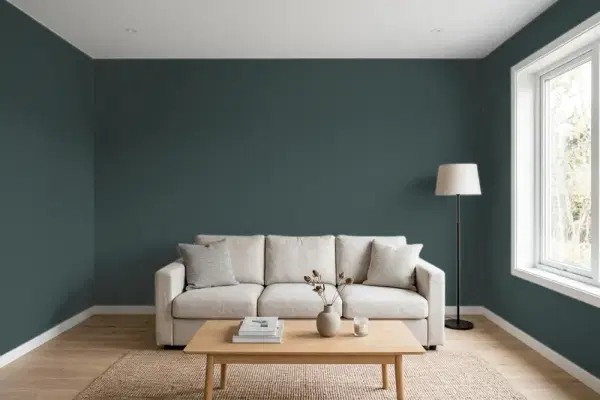 Living room with walls painted Behr Arboretum T14-16 (simulated)