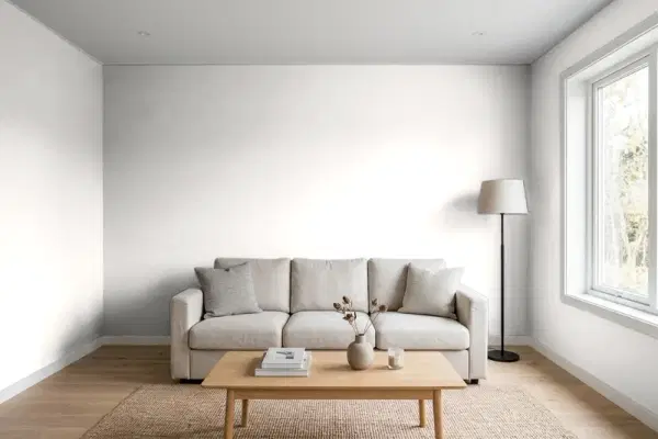 Living room with walls painted PPG Paints Arctic Cotton 1002-2 (simulated)