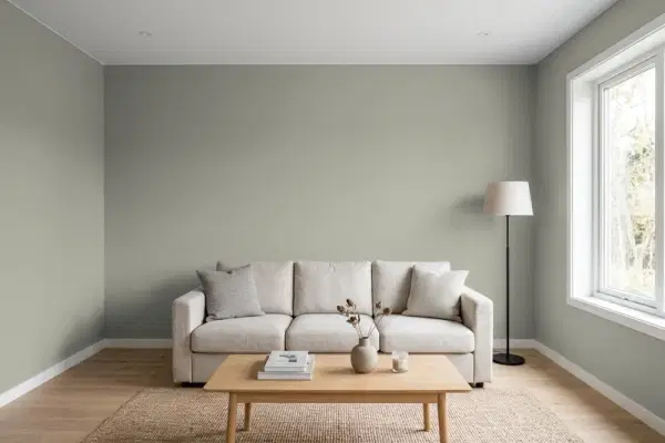 Living room with walls painted Benjamin Moore Arctic Shadows 1559 (simulated)
