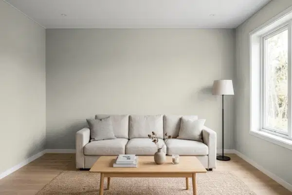 Living room with walls painted Behr Arid Plains PPU25-07 (simulated)