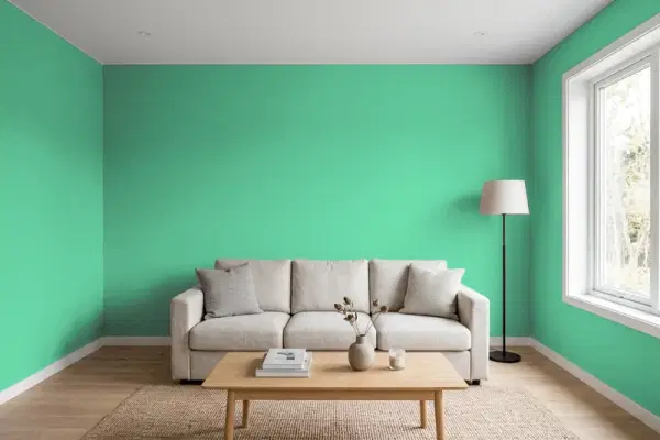 Living room with walls painted Benjamin Moore Arlington Green 580 (simulated)