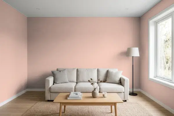 Living room with walls painted Behr Art Deco Pink MQ1-50 (simulated)