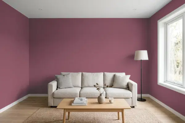 Living room with walls painted Behr Artful Magenta T17-14 (simulated)