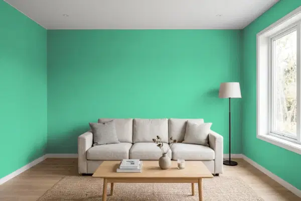 Living room with walls painted Behr Aruba Green MQ4-16 (simulated)