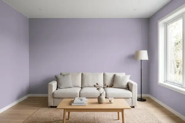 Living room with walls painted Sherwin-Williams Ash Violet SW 6549 (simulated)