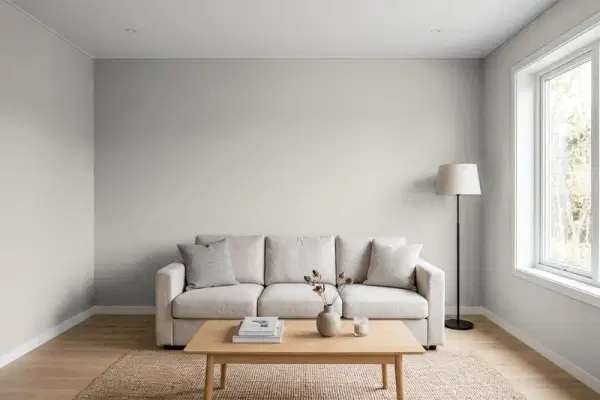 Living room with walls painted Behr Ashes UL260-9 (simulated)