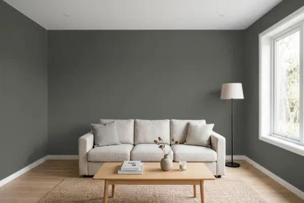 Living room with walls painted Benjamin Moore Ashwood Moss 1484 (simulated)