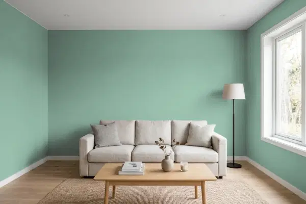 Living room with walls painted Behr Aspen Aura 470F-4 (simulated)