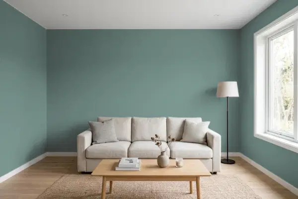 Living room with walls painted Behr Aspen Valley N430-5 (simulated)