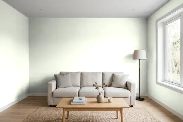 Living room with walls painted Behr Aspen Whisper PPL-37 (simulated)
