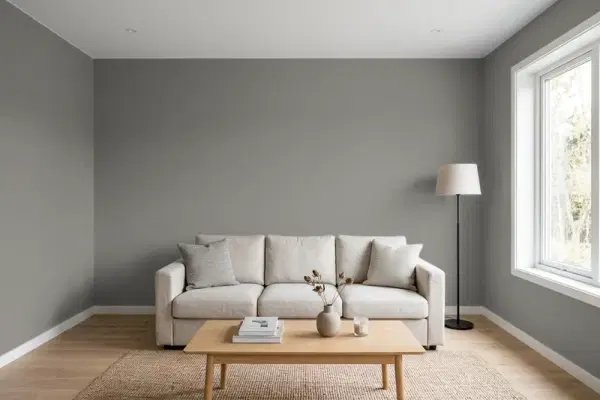 Living room with walls painted Benjamin Moore Asphalt CC-548 (simulated)