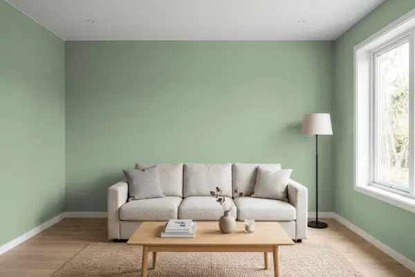 Living room with walls painted Behr Athenian Green 440F-4 (simulated)