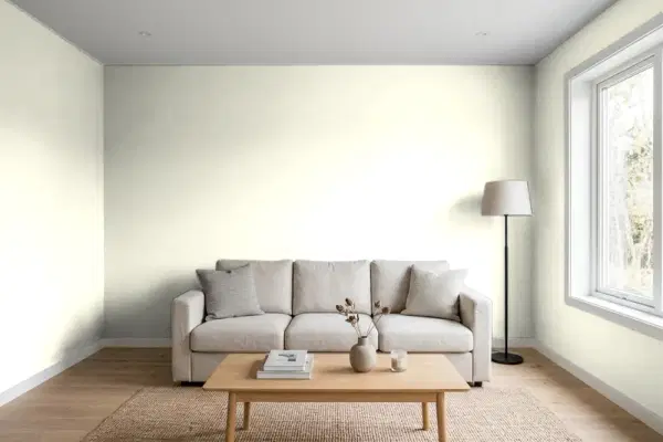 Living room with walls painted Behr Atrium White GR-W02 (simulated)