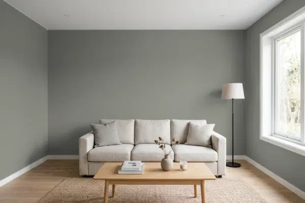 Living room with walls painted Sherwin-Williams Attitude Gray SW 7060 (simulated)