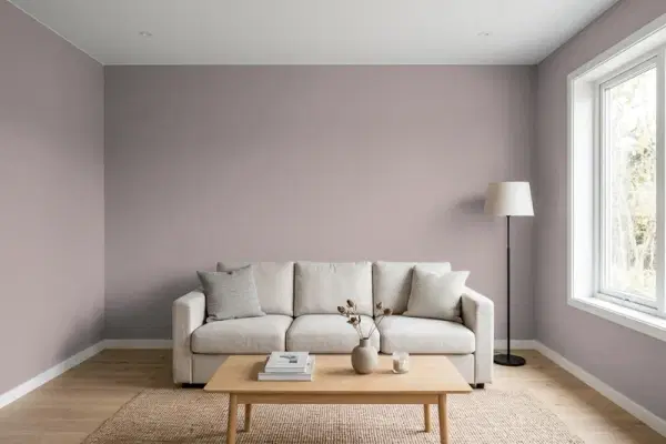 Living room with walls painted Sherwin-Williams Auger Shell SW 9159 (simulated)