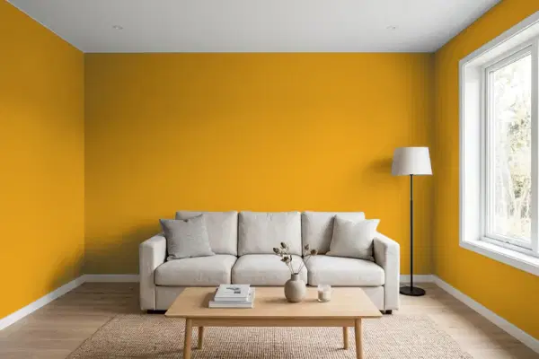 Living room with walls painted Sherwin-Williams Auric SW 6692 (simulated)