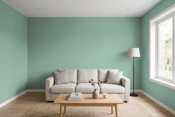 Living room with walls painted Behr Australian Jade S420-4 (simulated)