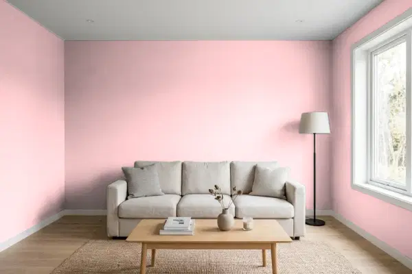 Living room with walls painted Benjamin Moore Authentic Pink 2006-60 (simulated)