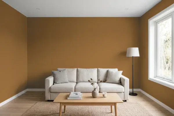 Living room with walls painted Benjamin Moore Autumn Bronze 2162-10 (simulated)