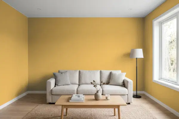 Living room with walls painted Benjamin Moore Autumn Gold 2152-30 (simulated)