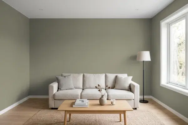 Living room with walls painted PPG Paints Autumn Gray 1028-5 (simulated)