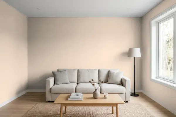 Living room with walls painted Behr Autumn Haze QE-11 (simulated)