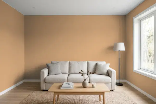 Living room with walls painted Benjamin Moore Autumn Leaf 1131 (simulated)