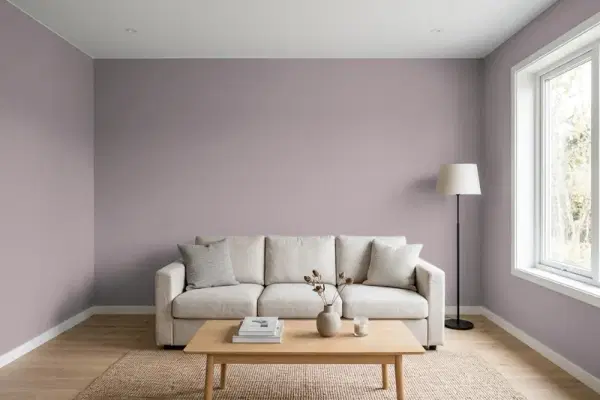 Living room with walls painted Sherwin-Williams Autumn Orchid SW 9157 (simulated)