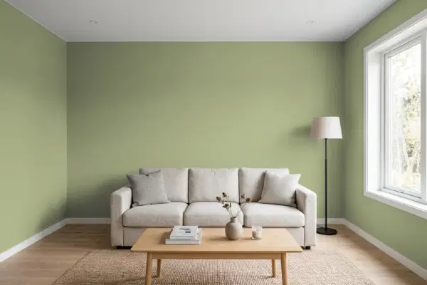 Living room with walls painted Benjamin Moore Aventurine AF-445 (simulated)