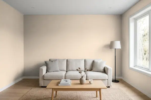 Living room with walls painted Behr Avenue Tan HDC-AC-04 (simulated)