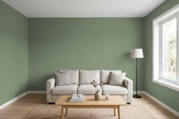 Living room with walls painted Benjamin Moore Avon Green HC-126 (simulated)