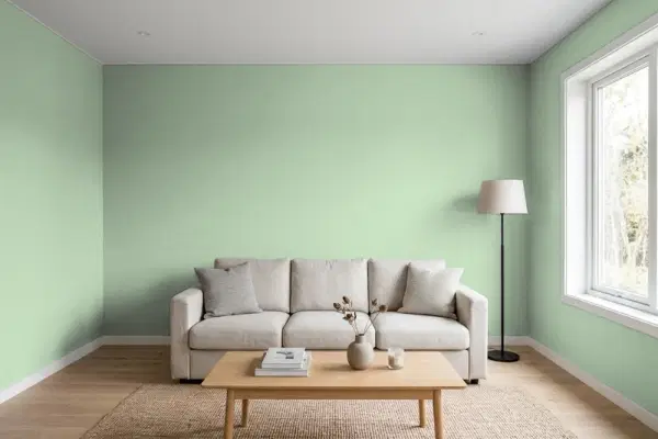 Living room with walls painted Behr Azalea Leaf S400-4 (simulated)