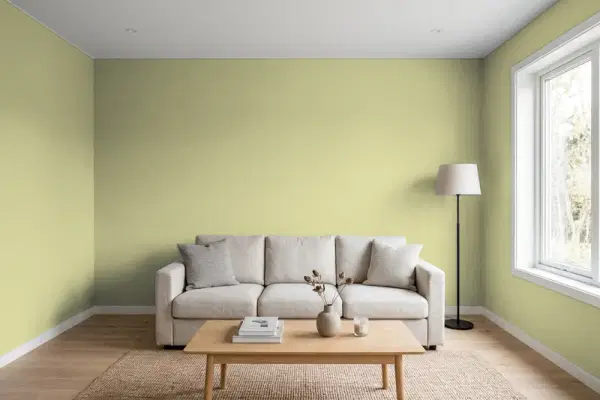 Living room with walls painted Sherwin-Williams Baby Bok Choy SW 9037 (simulated)