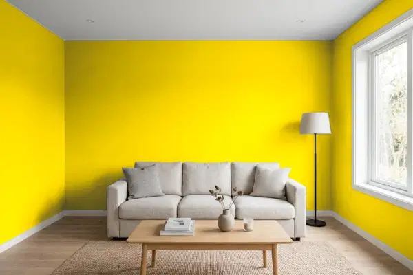 Living room with walls painted Benjamin Moore Baby Chick 2023-20 (simulated)
