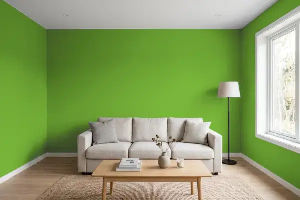 Living room with walls painted Benjamin Moore Baby Fern 2029-20 (simulated)