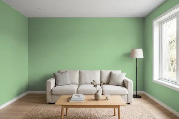 Living room with walls painted Behr Baby Spinach M400-5 (simulated)