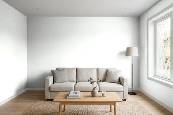 Living room with walls painted Benjamin Moore Baby's Breath 873 (simulated)