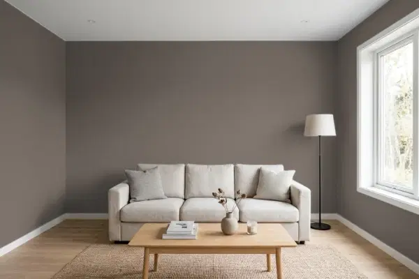 Living room with walls painted Behr Back Stage T11-8 (simulated)