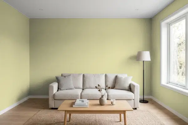 Living room with walls painted Behr Back To Nature S340-4 (simulated)