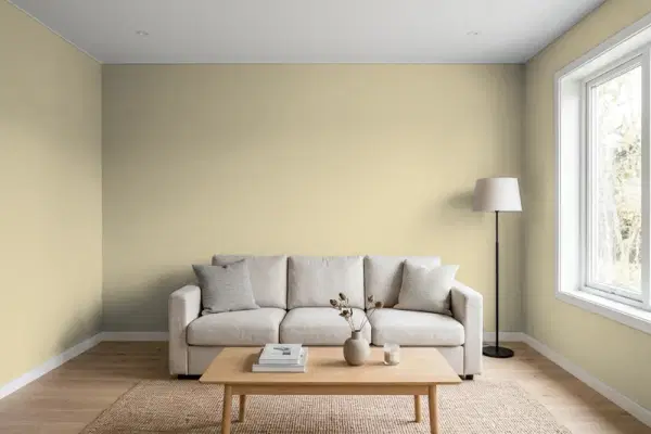 Living room with walls painted Benjamin Moore Baffin Island CC-270 (simulated)