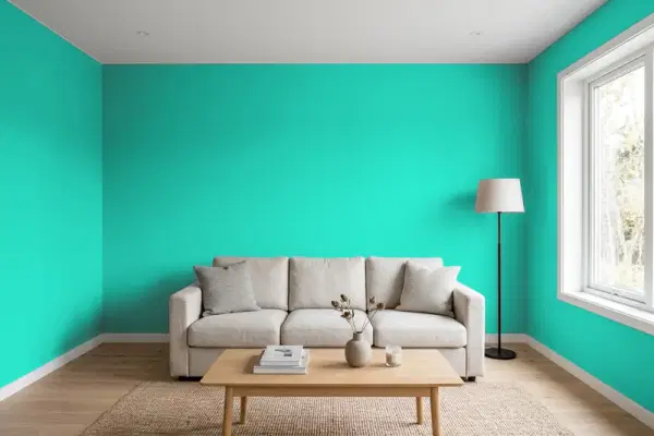 Living room with walls painted Benjamin Moore Bahama Green 2045-40 (simulated)